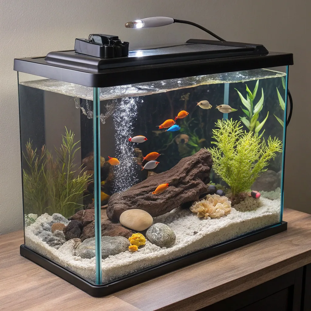Complete aquarium kit with filter and decorations