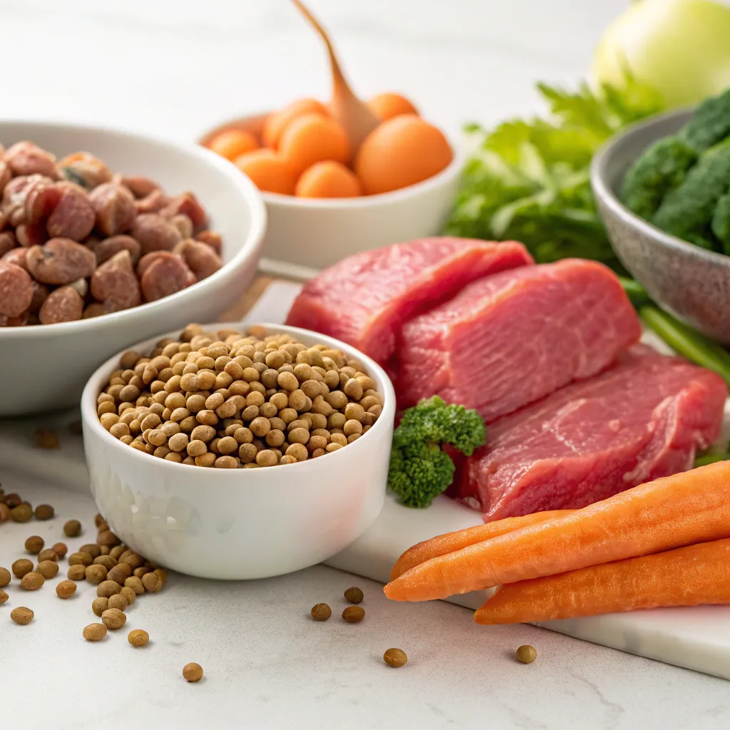 Close-up view of premium dog food ingredients