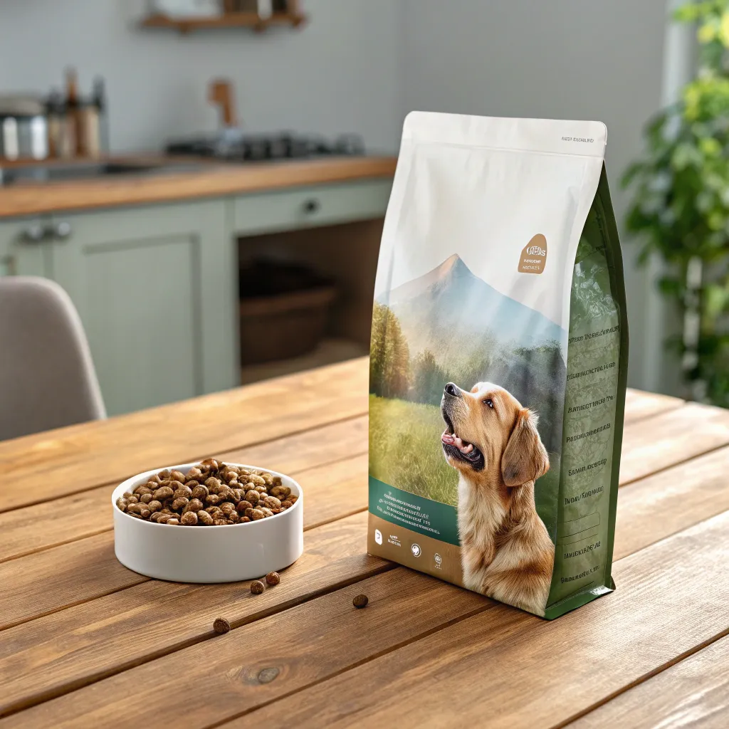 High-quality dog food bag on wooden table